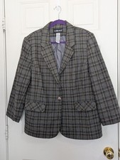 Sag Harbor Blazer Jacket Womens 16 Gray Blue Brown Plaid Wool Blend Lined Pocket