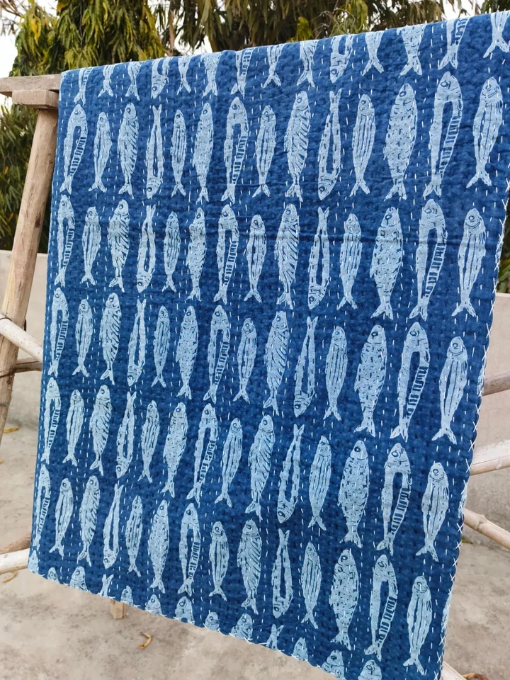 Indian Handmade Throw Kantha Quilt Floral Block Print Blue Indigo Fish Bedspread - Image 3 of 4