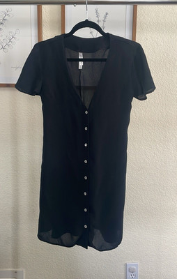 RVCA Black Sheer Chiffon Shift Dress Button Front Lace-Up V-Neck Short Sleeve M