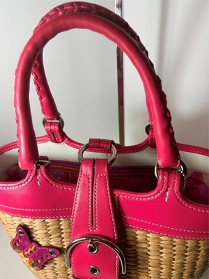 Coach Woven Straw/Wicker Dark Pink Leather Satchel Bag/Purse