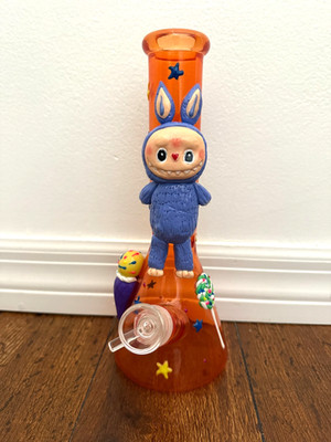 10'' Premium Glass Water Pipe Labubu Doll Blue Stars and Snacks Glowing 14mm READ