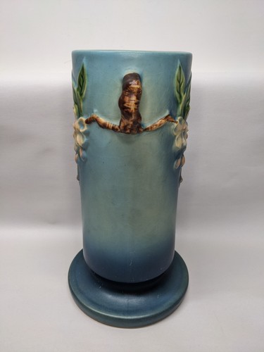 VTG Roseville Pottery Blue APPLE BLOSSOM, Double Branch Handles Vase #387-9 - Picture 4 of 17