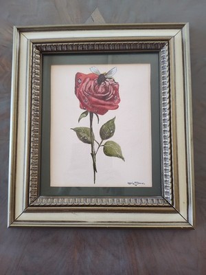 Vintage Watercolor Painting Rose W/ Bee By John L. McDaniel 1976