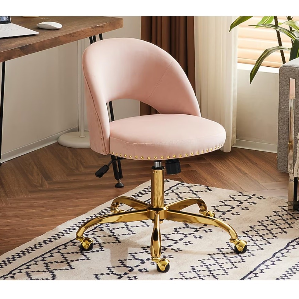 Velvet Fabric Swivel Task Chair, Armless, Height Adjusted, Vintage Pink & Gold