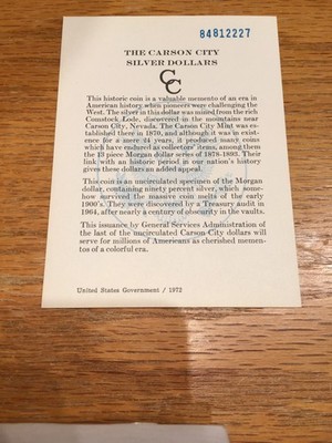 Genuine GSA Certificate Card for Black Box 1884 Carson City Morgan Silver Dollar