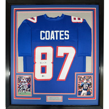Framed Autographed/Signed Ben Coates 35x39 New England Blue Jersey Beckett COA
