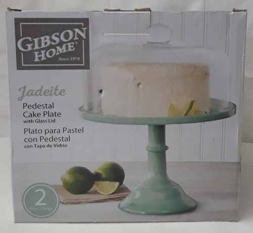 Gibson Home Jadeite Pedestal Cake Plate with Glass Dome Lid in Original Box