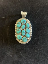 STERLING SILVER NATIVE AMERICAN SW TURQUOISE KINGMAN CLUSTER PENDANT .925 2 1/4”