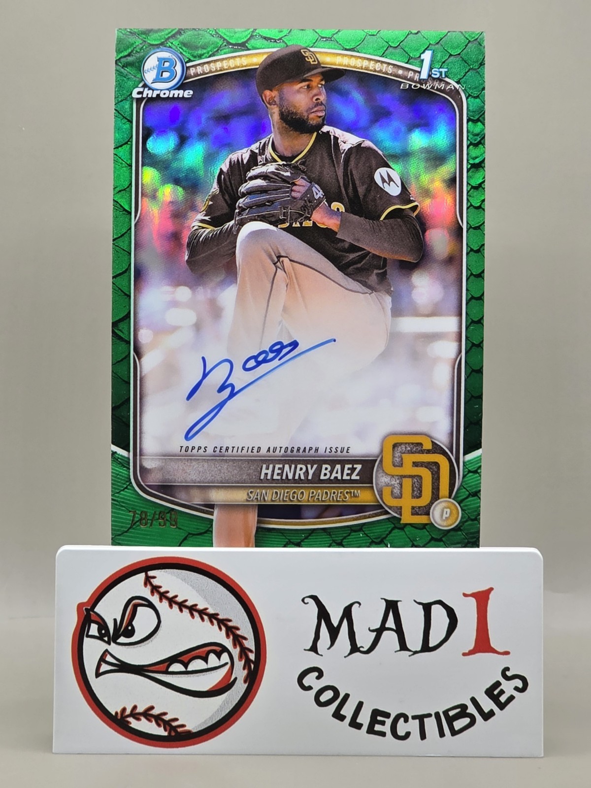 2025 Bowman Chrome Henry Baez 78/99 Reptilian Green Refractor Auto Card #CPA-HBA