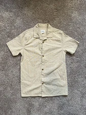 Rhythm Striped Shirt Mens S Short Sleeve Button Up Camp Collar Beige Linen Blend