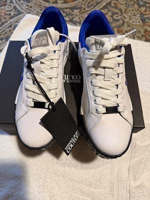 Versace Jeans Couture Men's Low Top Lace-Up Leather Sneakers White/Blue Logo