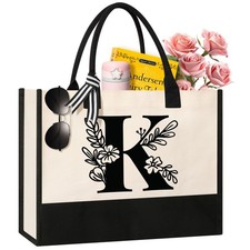 Tecanne Personalized Initial Canvas Tote Bag, Suitable for Large, White 