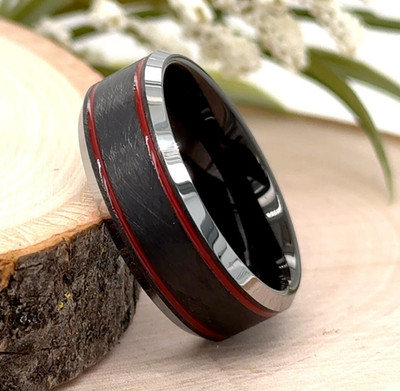 8mm Black Tungsten Ring Red Dual Stripe Design with Sleek Silver Polished Finish