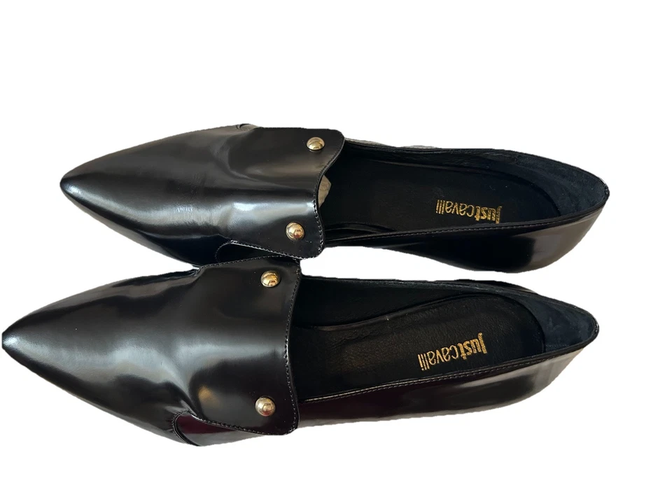 Zapatos planos Just Cavalli de cuero negro con punta EU 39 US 9 NUEVOS SIN CAJA Foto 2 de 4
