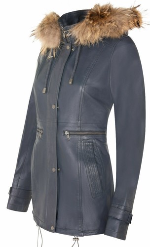 Women's Navy Blue Leather Jacket Detachable Hooded Parka Trench Coat - Picture 2 of 4