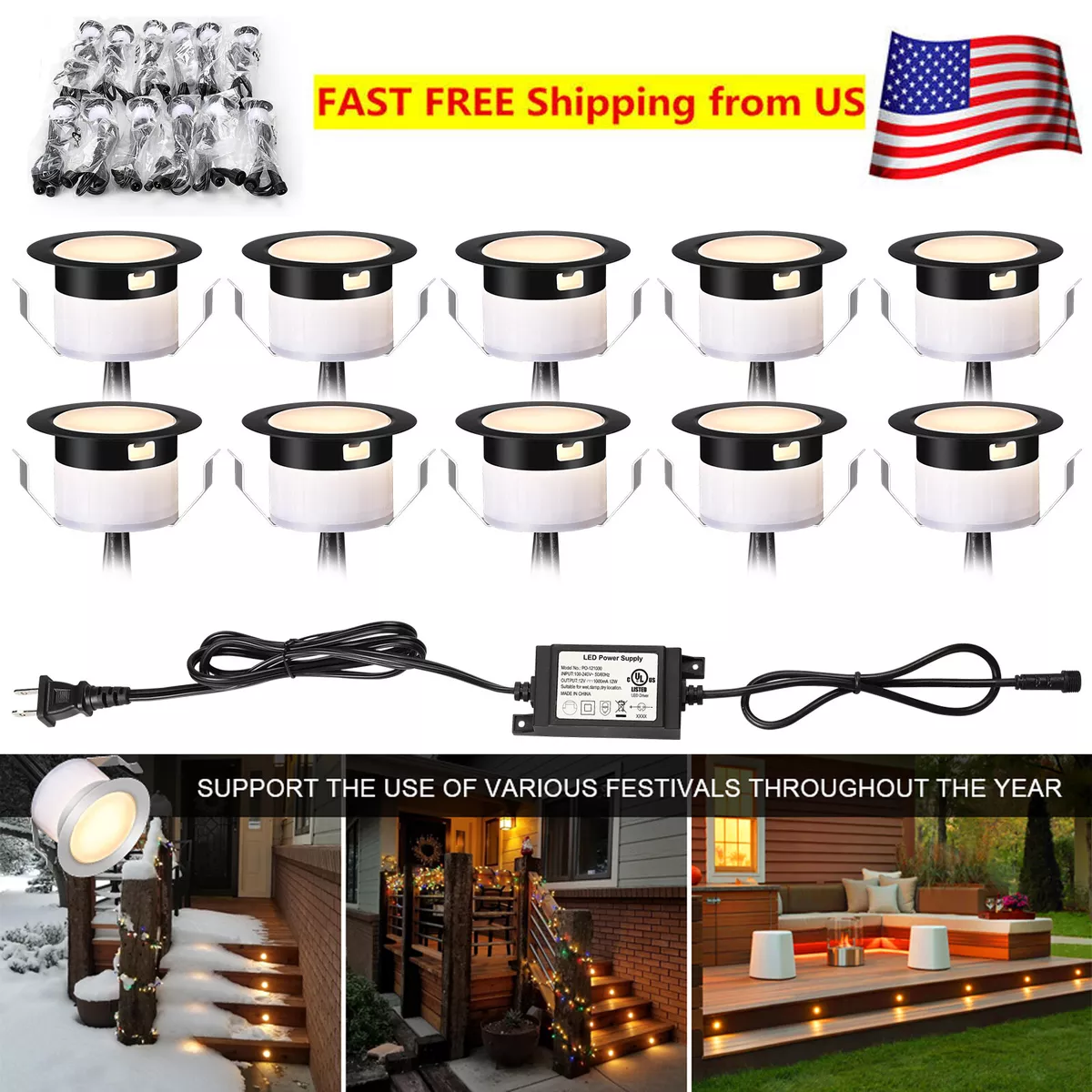 10pc Low Voltage Step Lights Outdoor Warm White 1.18in Recessed