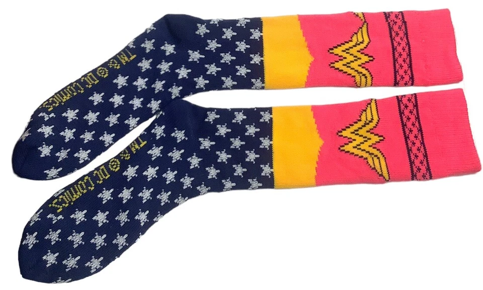 Calcetines Largos Mujer Maravilla DC Comics Rosa Amarillo Azul Blanco Estrellas Talla Única NUEVO Foto 3 de 3