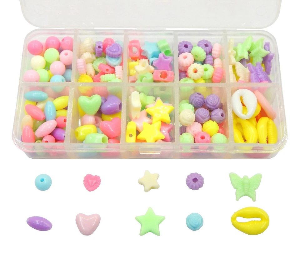 200stk Kunststoffperlen Bunt Acryl Perlen Herz Stern Kugel Plastik Perlenbox B60 - Bild 2 von 4