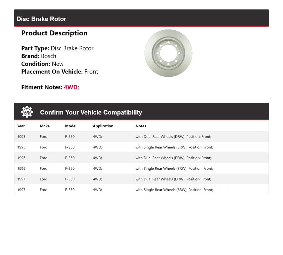 Para Ford F-350 1995-1997 4x4 Bosch QuietCast disco freno rotor delantero 1996 Foto 2 de 4