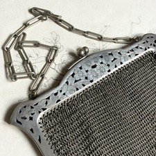 Ancien Sac de bal Minaudière Aumônière Maille Metal Argenté 1900