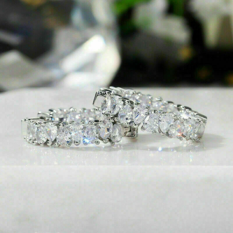 14K White Gold Plated 3 Carat Pear Cut Certified Moissanite Huggie Hoop Earrings - Image 4 of 4
