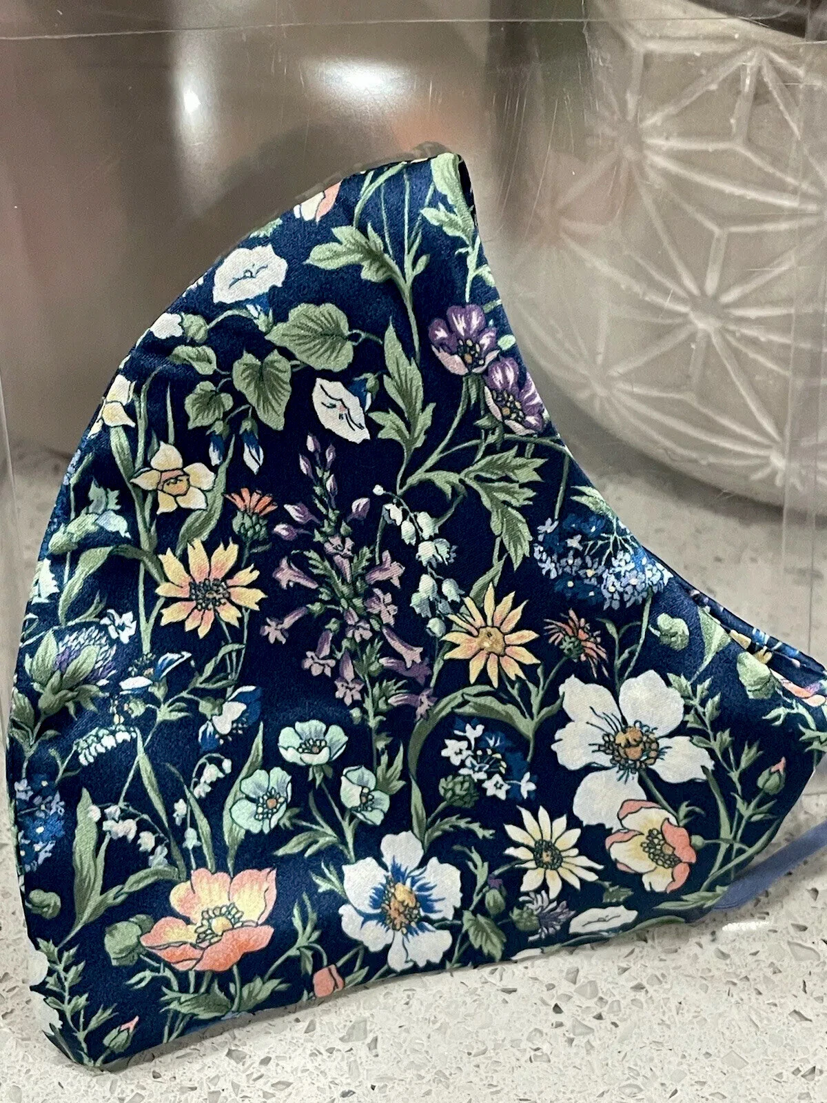100% Silk Satin Belgravia Rachel Meadow Face Mask -Liberty London Silk NavyBlue