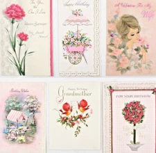 Lot 6 Vintage Greeting Cards Floral Pink Flower Theme Birds Birthday Grandmother
