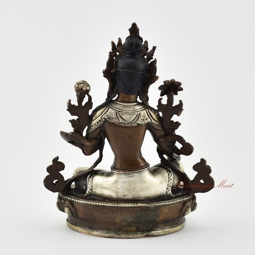 Tibetan Green Tara / Dolma Silver Plated Copper Statue in Oxidation Finish Nepal - Picture 4 of 4