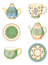 Mary Engelbreit Green Tea Set Cup Saucer Pot TeaPots 25 Wallies Stickers Decals