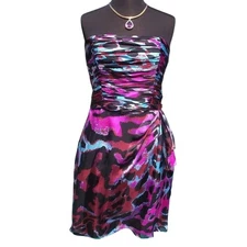 Cache Silk Multi Color Ruched Built In Bustier Event Dress Strapless NWT $168