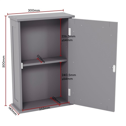 Priano Wall Cabinet Bathroom Kitchen White 1 Door Storage Mounted Unit Grey - Picture 3 of 9