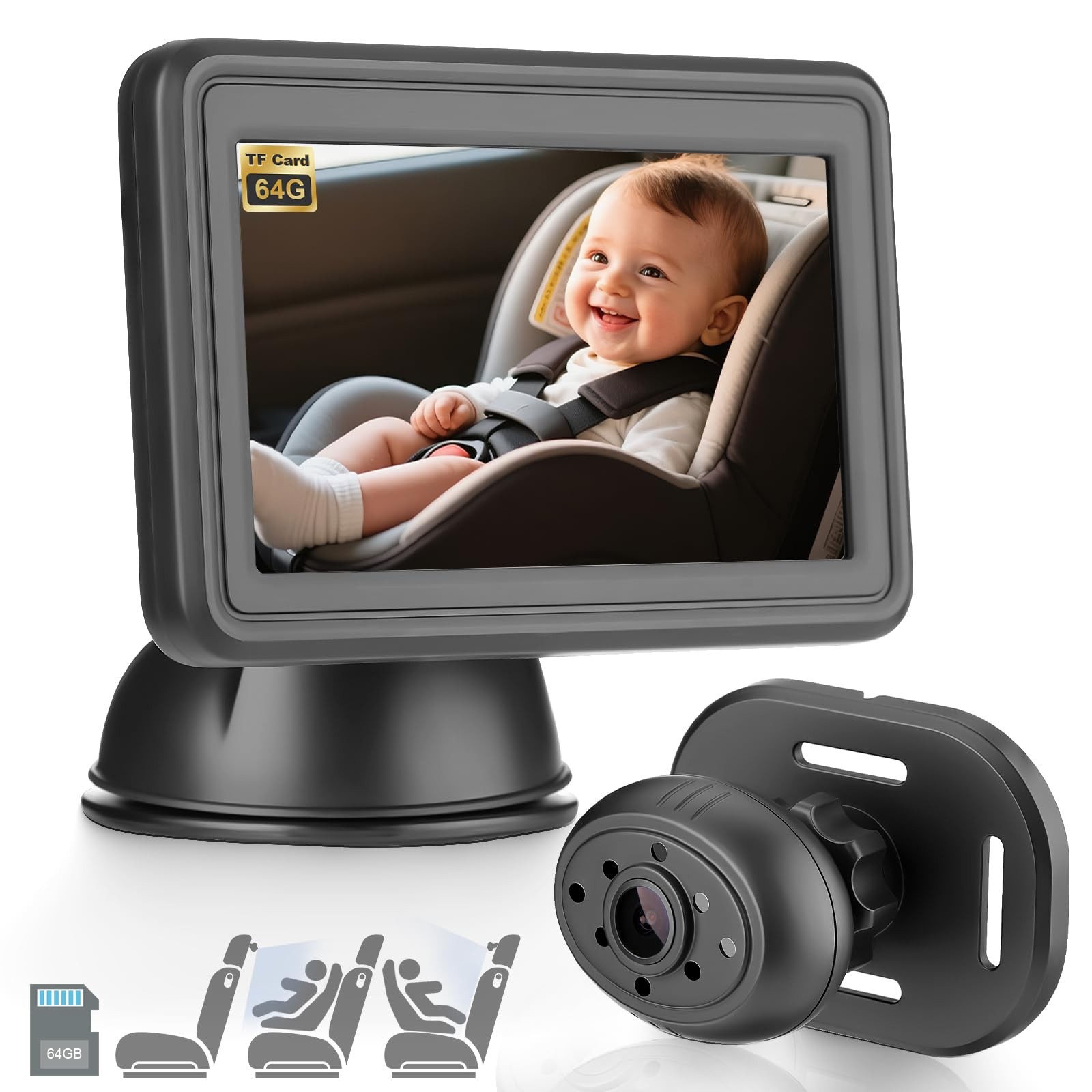 Caméra bébé pour voiture HD vision nocturne automatique écran 4,3 pouces stable