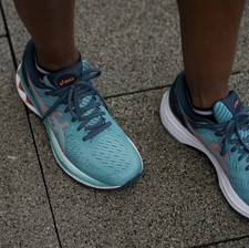 Asics Gel Kayano 27 Women's 300 Techno Cyan / Sunrise Red Running Sneaker  8