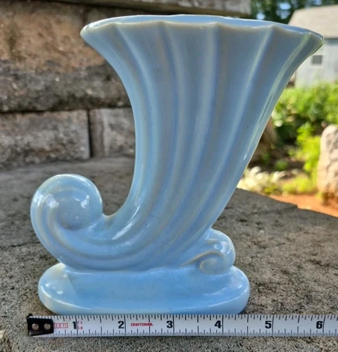 Vintage Cornucopia Vase. Marked USA . Light Blue