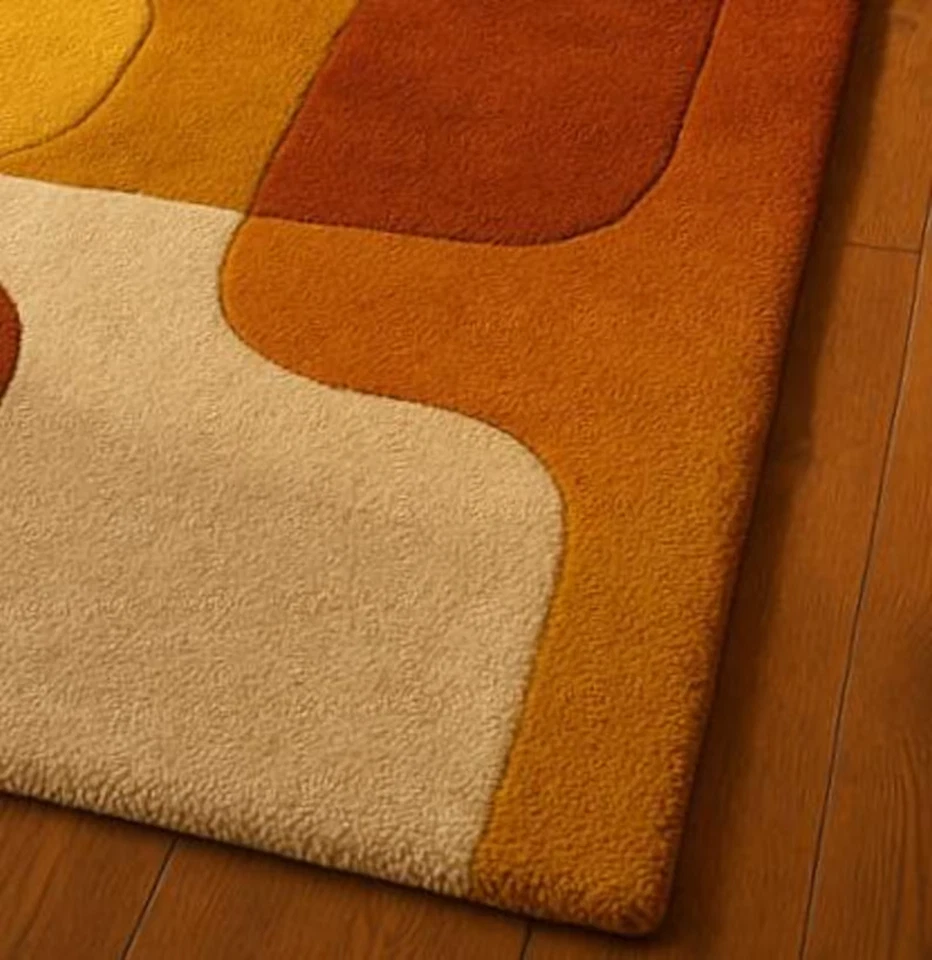 Mid Century Modern Wollteppich Geometrisch Vorleger Burnt Orange Senfgelb - Bild 2 von 4