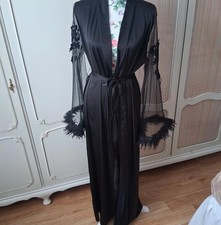 Einheitsgröße Bis 44 Traumhafter Satin Kimono Morgenmantel In Edlem Schwarz Mit 