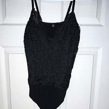 Iris Black Floral One-Piece Bodysuit Adjustable Strap Snap Crotch, Women s M