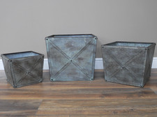 Set Of 3 Galvanised Metal Zinc Tub Planters Large Square Dolly Garden Drum Pots