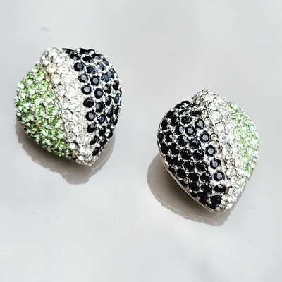 Vtg Ciner signed Silverplate Lime & White Black Crystals Almond Earrings Clip On