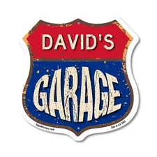 David's Garage Shield Shaped Sign Weather Resistant Crafted in the USA