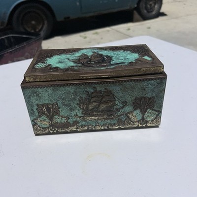 Vintage Tin Cigar Container Made In West Germany Ship Motif Green Teal Gold 8''L