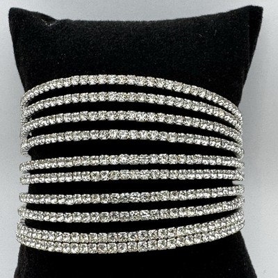 Stack Wide Cuff Bracelet Silver Tone Rhinestone Bijoux Beautiful Condition