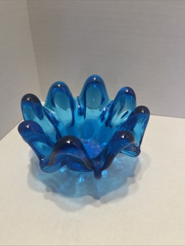 Vintage Art Glass Murano Style Pulled Pinched Nesting Bowl Aqua Made In Italy