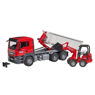 BRUDER Spielzeug MAN TGS LKW m. Abrollcontainer + Schäffer Hoflader 2630 / 03767