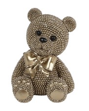 Dekofigur Teddy B&auml;r mit Schleife10x8x13 cm, glitzergold gl&auml;nzende Strass Steine