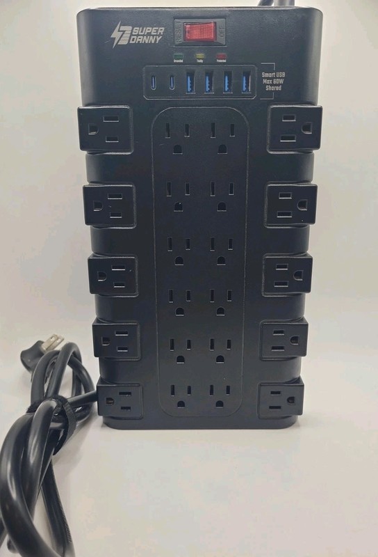SUPERDANNY 12-Outlet Surge Protector Power Strip Black with USB Ports 125V 15A