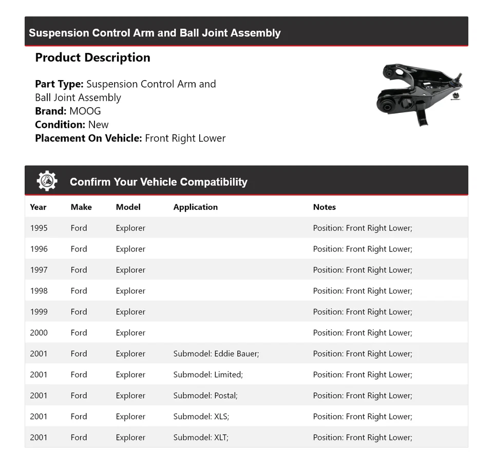 Conjunto de rótula de brazo de control inferior delantero derecho para Ford Explorer 1995-2001 Foto 2 de 4