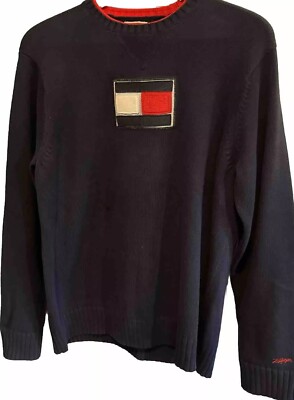 Tommy Hilfiger BLUE 3D Flag Logo  SWEATER Crewneck pullover Preppy Mens Med Y2K