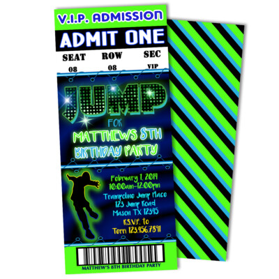 Boys JUMP Ticket Birthday Invitations Personalized 3x7" Admission W ...