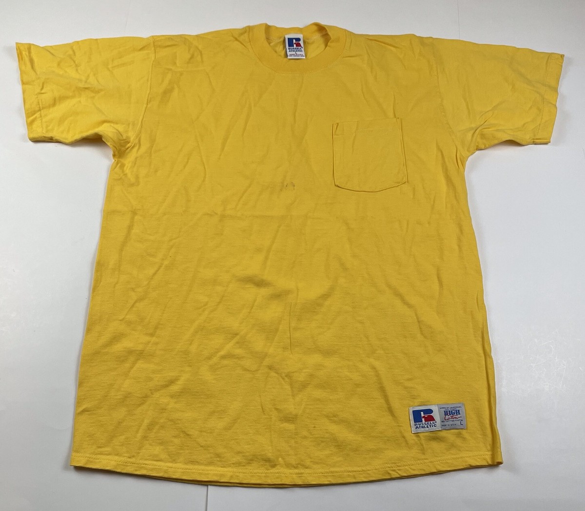 Vintage Russell Athletic Shirt Men's Sz Large Yellow Pocket Tee